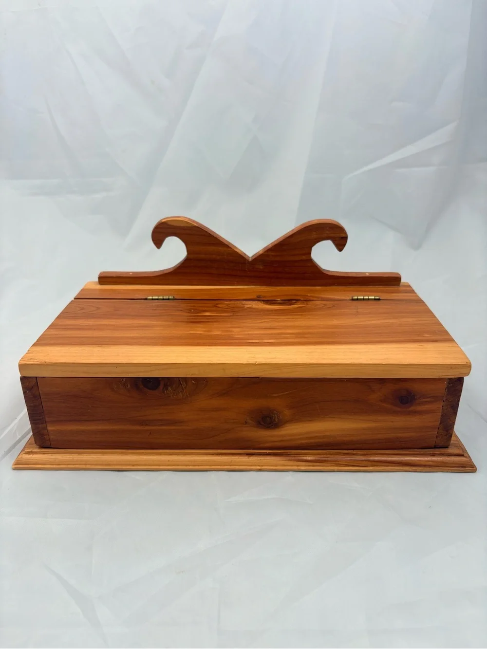 Vintage Wooden Handmade Desk or Storage Box With Top Scroll Crest